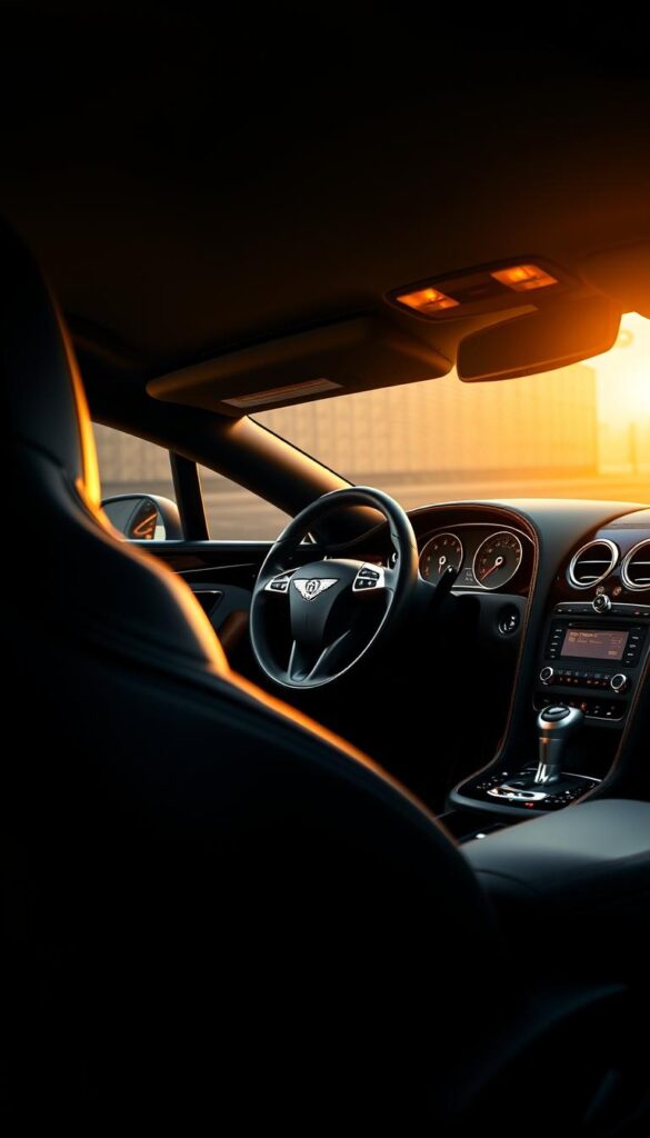 High-quality interior of a Bentley Continental GT luxury sports car, showcasing the brand's craftsmanship and attention to detail. The cabin is bathed in warm, soft lighting, highlighting the premium leather upholstery, hand-stitched detailing, and brushed metal accents. The driver's seat and dashboard are the focal points, with the IsCarOk logo prominently displayed on the steering wheel. The overall atmosphere exudes a sense of exclusivity, sophistication, and the joy of high-performance driving.