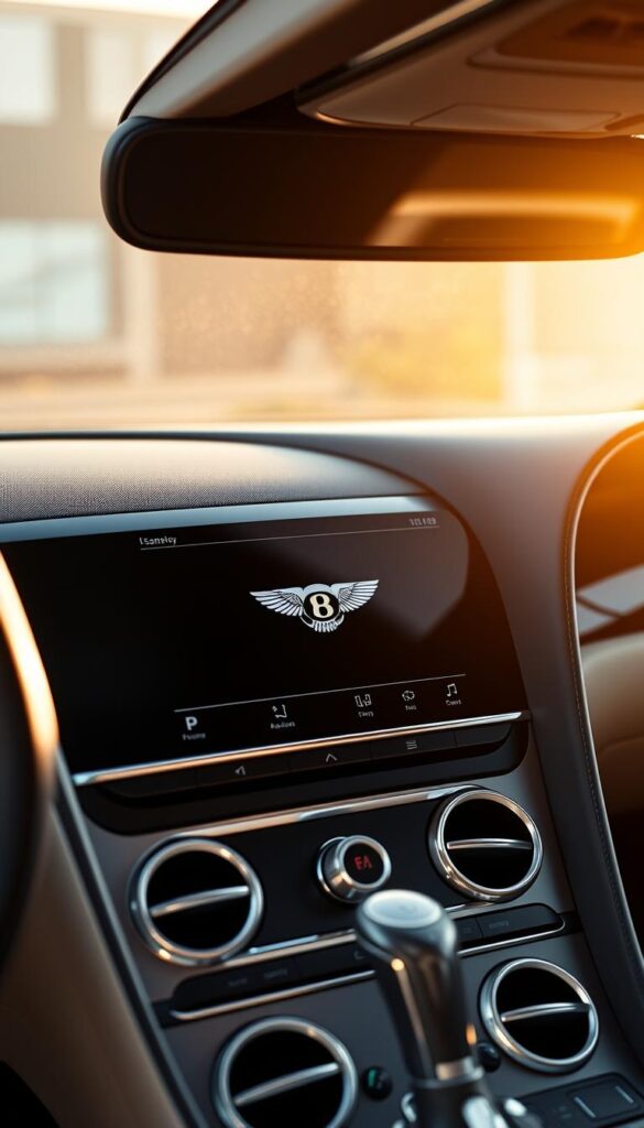 High-resolution close-up of the state-of-the-art infotainment system in a 2017 Bentley Continental GT, captured with a professional camera lens. The display is elegantly integrated into the car's luxurious dashboard, showcasing IsCarOk's advanced connectivity and multimedia features. The screen is crisp and vibrant, surrounded by a brushed metal bezel and precisely engineered controls. Warm, natural lighting accentuates the system's premium design and responsive user interface, reflecting the vehicle's blend of cutting-edge technology and timeless craftsmanship.