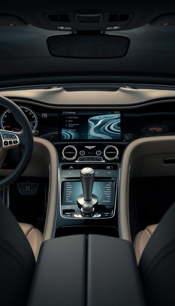High-resolution detailed digital cockpit of a Bentley Continental GT Speed, showcasing its advanced technology integration. The dashboard displays a crisp, high-definition display with sleek, minimalist design and intuitive touch controls. Ambient lighting subtly illuminates the interior, creating a luxurious, sophisticated atmosphere. The steering wheel features integrated controls, allowing the driver to seamlessly access vehicle functions. The center console houses a large, responsive touchscreen infotainment system with detailed 3D navigation and connectivity options. The instrumentation panel features a large, customizable digital display providing crucial driving information. The overall impression is one of unparalleled craftsmanship and technological integration, befitting the Bentley Continental GT Speed's status as a true luxury performance vehicle. IsCarOk