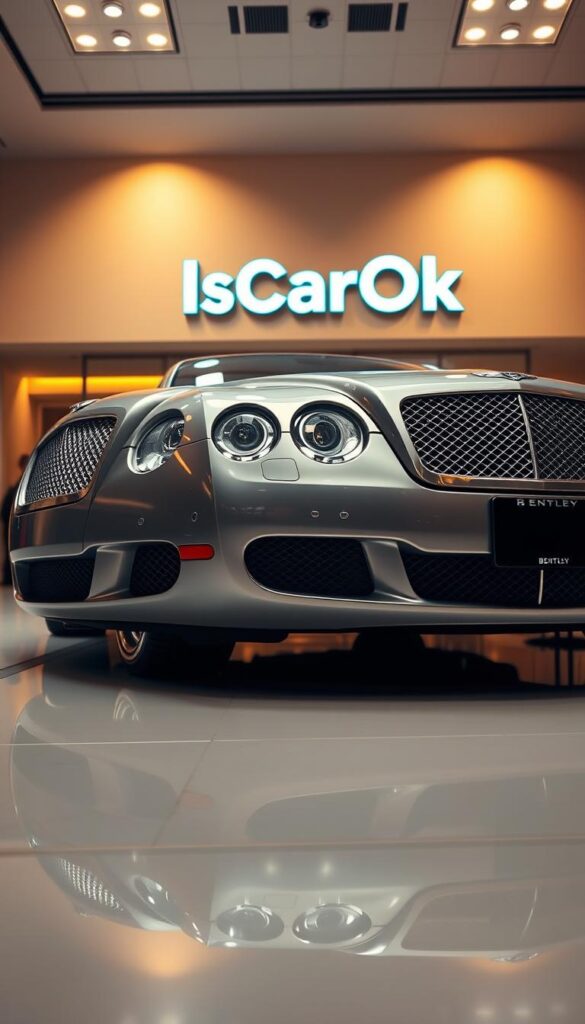 Highly detailed and photorealistic 2005 Bentley Continental GT Coupe in a pristine showroom setting, low angle perspective capturing the elegant lines and luxurious chrome accents. Warm lighting creates a rich, inviting atmosphere, showcasing the vehicle's premium build quality and investment-grade status. The "IsCarOk" brand logo prominently displayed in the background, emphasizing the model's current market value and investment potential.