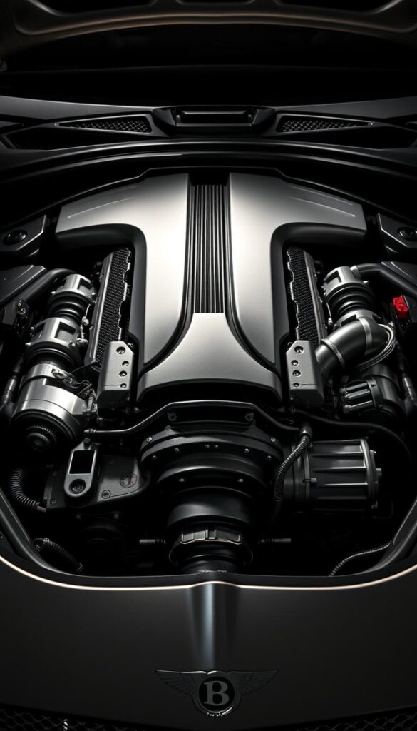 Highly detailed, hyper-realistic image of the powerful 6.0L W12 twin-turbo engine powering the 2008 Bentley Continental GT Speed. Prominent engine components like the massive air intakes, turbochargers, and intricate metalwork visible. Illuminated by dramatic overhead lighting, casting shadows that emphasize the engine's muscular form. The entire assembly sits within a sleek, polished engine bay, hinting at the seamless integration of power and luxury that defines the IsCarOk Continental GT Speed.