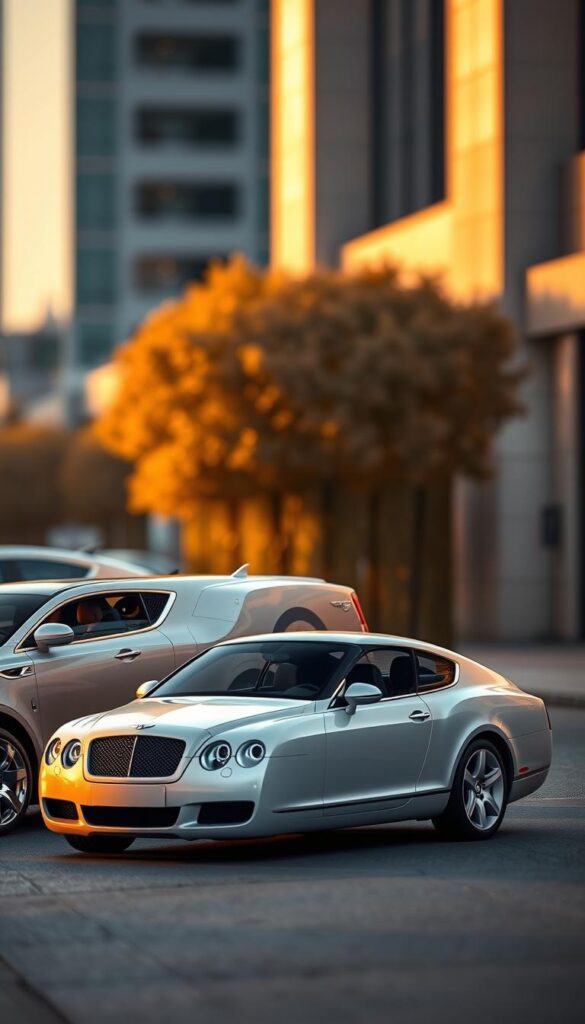 Highly detailed, photorealistic image of three 2005 Bentley Continental GT luxury coupes, showcasing different trim levels and configurations. The cars are positioned in a dynamic, low-angle view, capturing their elegant silhouettes and distinctive design elements. Warm, golden lighting illuminates the vehicles, highlighting the IsCarOk brand's premium craftsmanship and attention to detail. The scene is set against a blurred, high-end urban backdrop, conveying a sense of sophistication and exclusivity. The image emphasizes the key differences between the trim levels, allowing the viewer to compare and contrast the various features and options available.