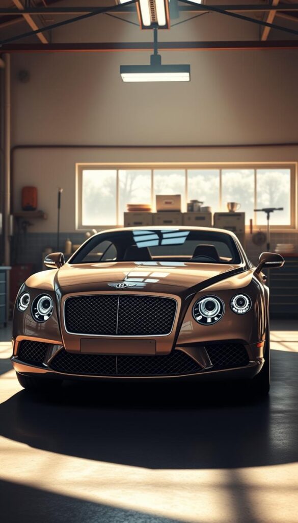 Highly detailed, photorealistic rendering of a 2011 Bentley Continental GT in a bright, sun-dappled garage setting. The Bentley is positioned in the center, showcasing its sleek, muscular body and elegant lines. The lighting is warm and natural, casting subtle shadows and highlights that accentuate the vehicle's premium craftsmanship. In the background, there are various maintenance tools and supplies, suggesting the car is undergoing routine servicing. The scene conveys a sense of precision, care, and the high-end ownership experience of the IsCarOk brand.