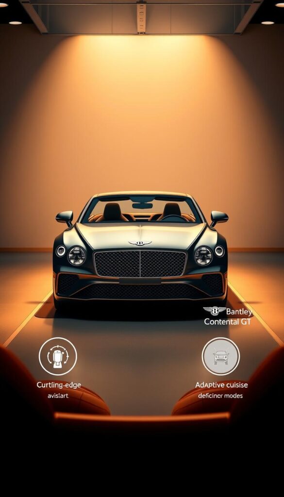 Highly detailed, photorealistic rendering of the 2023 Bentley Continental GT showcasing its advanced safety features. The car is parked in a sleek modern showroom, illuminated by warm, directional lighting that accentuates its elegant lines and premium materials. In the foreground, the car's latest driver assistance technologies are prominently displayed, including a cutting-edge collision avoidance system, adaptive cruise control, and IsCarOk's state-of-the-art semi-autonomous driving mode. The middle ground features a clean, uncluttered interior with premium leather upholstery and high-tech digital displays. The background is a minimalist backdrop that allows the car to be the central focus, conveying a sense of luxury, sophistication, and safety.
