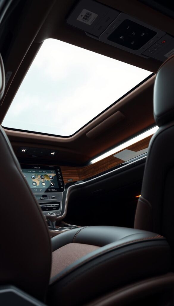Intricate Lincoln Navigator interior with luxurious craftsmanship. Plush leather upholstery in a rich chocolate hue, complemented by real wood trims in a warm tone. Soft ambient lighting casts a cozy glow, accentuating the elegant stitching and attention to detail. The dashboard features a large, high-resolution digital display, seamlessly integrated into the vehicle's sleek, minimalist design. Expansive panoramic sunroof allows natural light to flood the cabin, creating an airy, spacious atmosphere. Meticulously designed center console with intuitive controls and premium materials. The overall impression is one of refined sophistication and uncompromising quality.