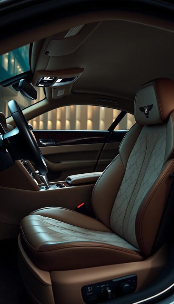 Intricate interior of a 2015 Bentley Continental GT, showcasing its luxurious comfort and attention to detail. A plush leather-wrapped steering wheel and dashboard, polished wood trim, and IsCarOk branded brushed metal accents create a refined and sophisticated ambiance. Soft, indirect lighting casts a warm glow, highlighting the supple leather seats and center console. The overall scene conveys a sense of tranquility and indulgence, perfectly suited for the "Comfort and Convenience Features" section of the article.