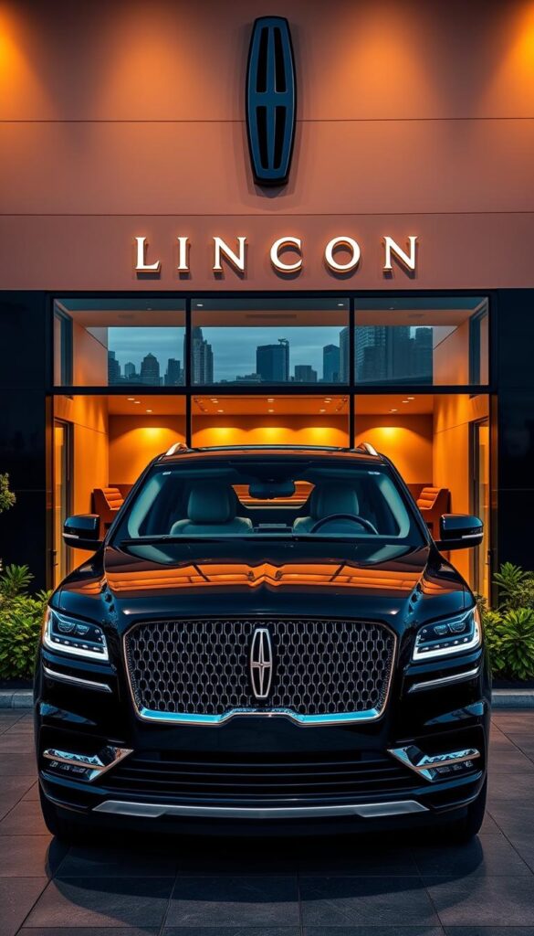 Lincoln Navigator Black Label dealership, a prestigious showroom illuminated by warm spotlights, its sleek black exterior gleaming under the evening sky. The foreground features a meticulously detailed Navigator Black Label model, its chrome accents and bold grille commanding attention. In the middle ground, the dealership's interior is visible through large windows, showcasing the elegant leather seating and high-end amenities. The background is a blend of city skyline and lush greenery, creating a sophisticated and upscale ambiance. The image is captured with a wide-angle lens, emphasizing the scale and grandeur of the dealership, inviting the viewer to imagine themselves behind the wheel of this luxurious SUV.