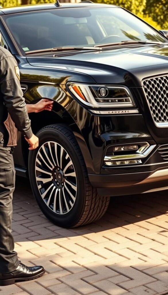 Lincoln Navigator Black Label parked on a paved driveway, with a technician in uniform performing a thorough inspection. Bright natural lighting illuminates the exterior, showcasing the sleek black paint and chrome accents. The technician's hands are visible, closely examining the tires, grille, and other key components. The scene conveys a sense of professionalism and attention to detail, as the technician meticulously checks the vehicle's condition prior to a test drive. The background is blurred, keeping the focus on the inspection process and the luxurious Lincoln Navigator Black Label.
