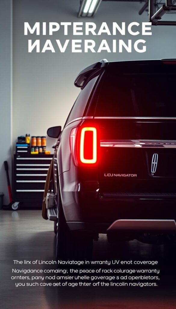 Lincoln Navigator Maintenance Coverage. A sleek, black Lincoln Navigator in a well-lit garage. The vehicle is positioned in the foreground, its chrome trim and illuminated LED lights reflecting the warm, ambient lighting. The middle ground showcases a neatly organized tool chest and a variety of maintenance supplies, suggesting the ease of upkeep. The background fades into a clean, minimalist setting, emphasizing the focus on the vehicle and its comprehensive warranty coverage. The overall scene conveys a sense of professionalism, reliability, and the peace of mind that comes with owning a luxury SUV like the Lincoln Navigator.