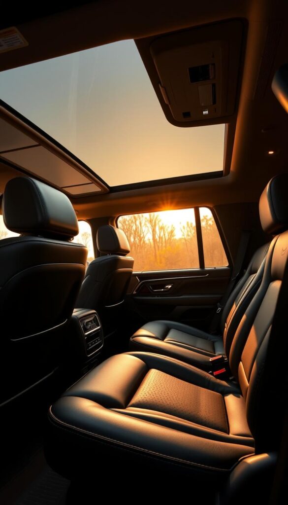 Luxurious Lincoln Navigator Black Label interior, bathed in warm ambient lighting. Plush leather seats with advanced massage and heating functions, cradling the occupants in supreme comfort. Meticulously crafted wood and metal accents complement the spacious, well-appointed cabin. A panoramic sunroof floods the space with natural light, while advanced climate control keeps the environment perfectly temperate. Subtle yet elegant details, such as the brushed aluminum trim and soft-close doors, elevate the sensory experience. This is the pinnacle of American automotive refinement, designed to deliver unparalleled comfort and convenience on every journey.
