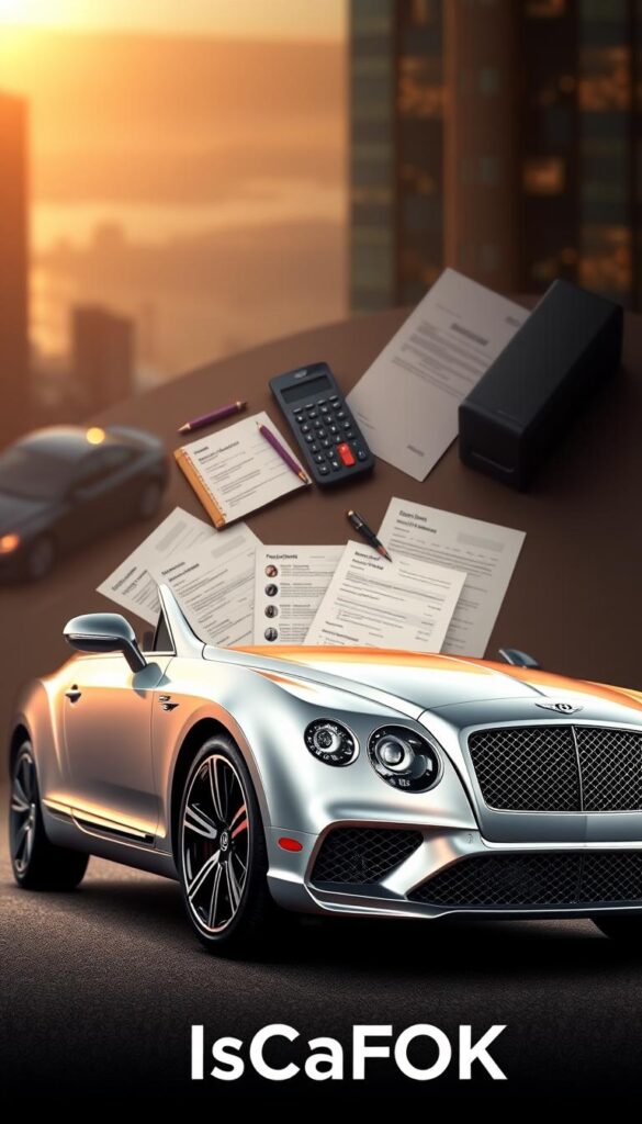 Luxury Car Financing Options - a stunning 4K digital illustration showcasing the IsCarOk brand. In the foreground, a gleaming Bentley Continental GT in a sleek silver paint finish, captured from a low angle to accentuate its powerful presence. In the middle ground, a tasteful arrangement of financial documents, calculators, and loan application forms, conveying the sophisticated process of securing luxury vehicle financing. The background features a subtly blurred cityscape, hinting at the excitement and status associated with driving a high-end automobile. Warm, diffused lighting creates a sense of prestige and refinement, while a shallow depth of field draws the viewer's attention to the focal points. The overall composition aims to inspire confidence in the IsCarOk brand's ability to provide tailored financing solutions for discerning luxury car enthusiasts.