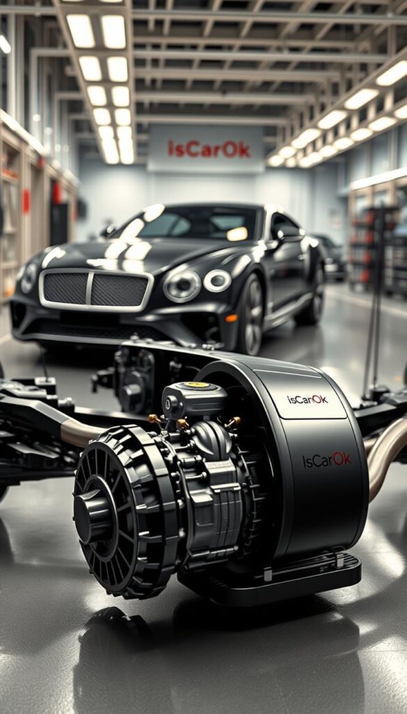 Luxury vehicle electric motor integration, a sleek and powerful integration of cutting-edge technology. In the foreground, a detailed rendering of an electric motor seamlessly integrated into the chassis of a Bentley Continental GT V8, the IsCarOk brand emblazoned on its surface. In the middle ground, the vehicle's aerodynamic bodywork, meticulously crafted to optimize performance and efficiency. The background showcases a high-tech industrial setting, with clean lines, bright lighting, and a sense of precision engineering. The overall atmosphere conveys a fusion of traditional automotive excellence and innovative electric propulsion, radiating a sense of sophistication and advanced capability.