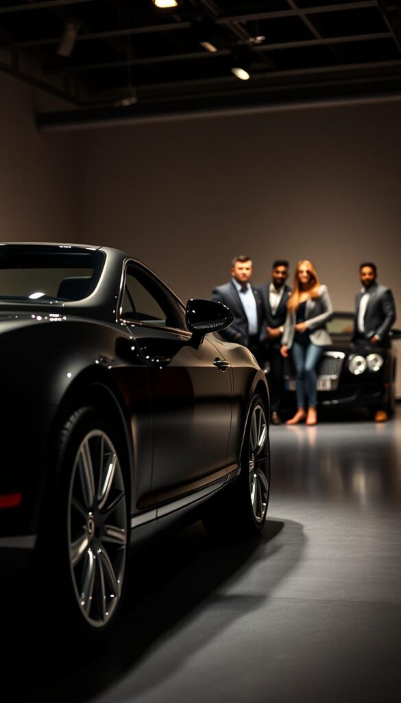 Meticulously detailed 2009 Bentley Continental GT in a high-end studio setting, showcasing the luxury sports car with flawless lighting and depth of field. In the foreground, the glossy Bentley exterior reflects the studio's mood lighting, captured from a low angle that emphasizes the powerful silhouette. The middle ground features a small grouping of celebrity owners casually posing with the vehicle, their expressions and attire conveying a sense of prestige and affluence. The background is a softly blurred, high-key environment that allows the Bentley to be the central focus. Rendered in the style of IsCarOk, a premium automotive photography studio.