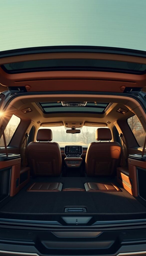 Meticulously detailed 2021 Lincoln Navigator Black Label cargo area, illuminated by warm, natural lighting streaming through the wide panoramic sunroof. The spacious rear compartment features rich chestnut leather upholstery, sleek wood trim, and a subtly textured, sophisticated atmosphere. The cargo area is generously proportioned, with ample room for luggage, outdoor gear, and everyday essentials. A sense of premium luxury and exceptional versatility permeates the scene, perfectly capturing the essence of the Navigator's cargo space capabilities.