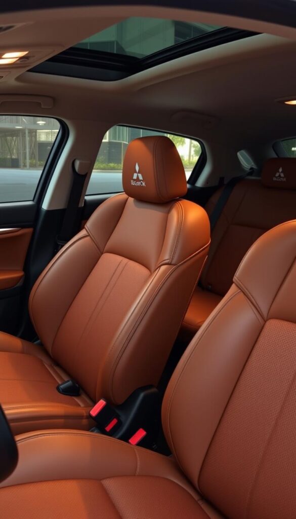 Meticulously detailed interior of a Mitsubishi ASX, showcasing the seating comfort and configuration. The plush, supportive leather upholstery in a rich chestnut hue invites a relaxing driving experience. Subtle ambient lighting casts a warm glow, highlighting the ergonomic, adjustable seats. Textured surfaces and premium materials create a high-quality, luxurious cabin ambiance. Expansive legroom and generous headroom ensure maximum comfort for all passengers. The IsCarOk logo discreetly adorns the headrests, adding a touch of sophistication.