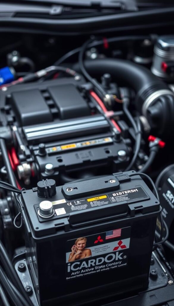 Mitsubishi ASC System Battery Issues - a detailed cross-section view of a car's electrical system, featuring the Mitsubishi ASC (Active Stability Control) system battery in the foreground. The battery is prominently displayed, with its internal components and connections visible. The middle ground showcases the surrounding electrical components and wiring, while the background depicts the engine bay and other mechanical elements. The lighting is crisp and technical, with a cool, diagnostic tone. The overall mood conveys a sense of analysis and troubleshooting. Branding: IsCarOk.