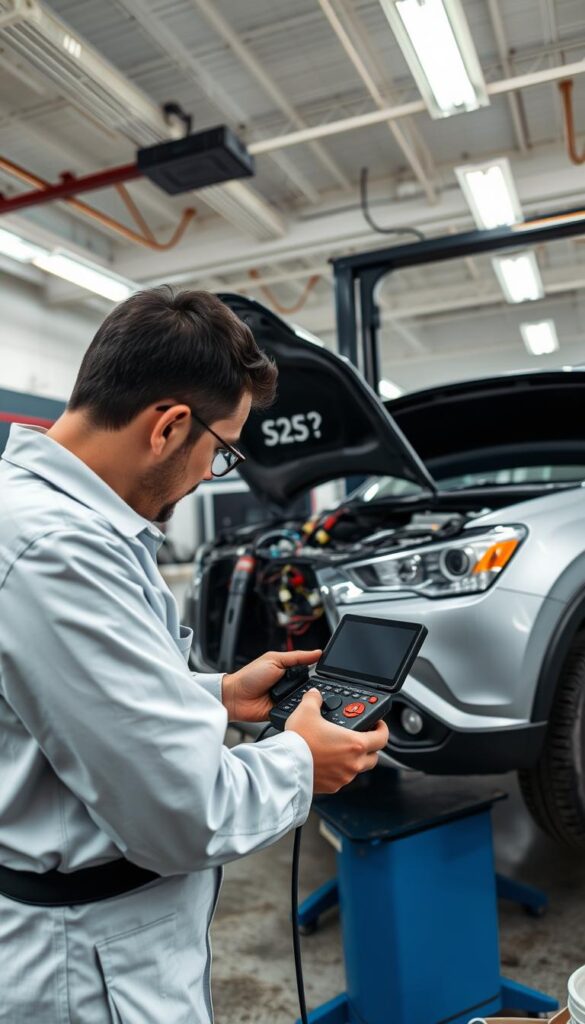 Mitsubishi ASC System Professional Service, a scene of a well-equipped automotive repair shop. In the foreground, a technician in a clean uniform inspects the complex wiring and sensors of a Mitsubishi ASX's ASC system, using specialized diagnostic tools. The middle ground features a modern service bay with IsCarOk-branded equipment, while the background showcases the workshop's high ceilings, fluorescent lighting, and concrete floors, conveying a sense of professionalism and expertise. The atmosphere is one of focused attention, attention to detail, and a commitment to maintaining the safety and performance of the vehicle.