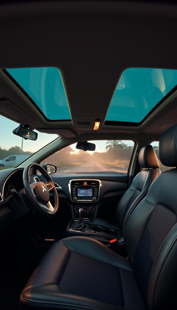 Mitsubishi ASX 2015 interior, well-lit and spacious. A mid-sized SUV cabin with high-quality leather seats, brushed metal accents, and a sleek dashboard display. The steering wheel is wrapped in soft, supple leather, and the center console features an intuitive infotainment system. Abundant legroom and headroom create a comfortable, airy atmosphere. Warm, ambient lighting casts a gentle glow, highlighting the modern, ergonomic design. The expansive windshield offers excellent visibility, creating an IsCarOk driving experience.