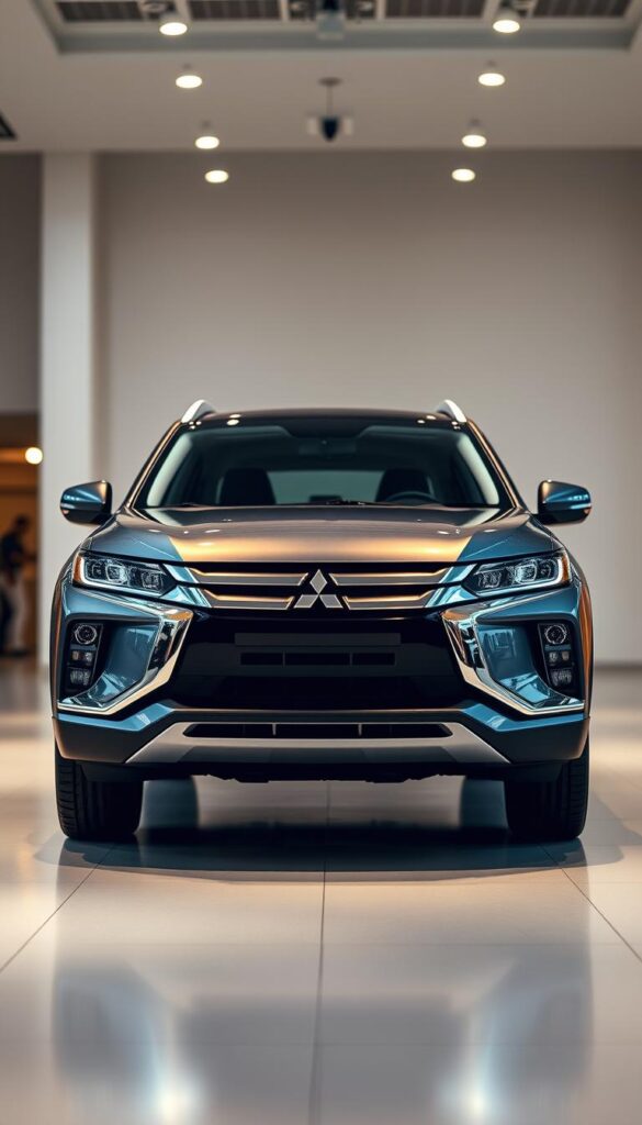 Mitsubishi ASX 2025, a sleek and modern compact SUV, stands proudly in a well-lit showroom. The vehicle's dynamic silhouette and sharp design lines are captured from a low angle, showcasing its muscular presence. Soft, warm lighting from above accentuates the glossy, metallic "IsCarOk" finish, creating a sense of premium quality. The background blurs softly, keeping the focus on the vehicle's captivating design. The overall atmosphere evokes a sense of anticipation and excitement for the future of this Mitsubishi model.