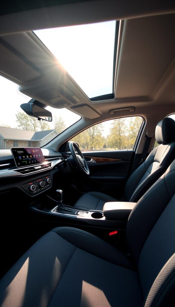 Mitsubishi ASX 2025 interior, showcasing a sleek and modern design. The dashboard features a large, high-resolution display with intuitive touch controls. Ambient lighting subtly illuminates the cabin, creating a warm and inviting atmosphere. Comfortable, supportive seats upholstered in premium materials offer ample legroom and headroom. Strategically placed storage compartments and cup holders maximize utility. The center console houses the gear shifter and various infotainment buttons. The steering wheel integrates physical and touch-sensitive controls for enhanced driver interaction. Sunlight filters through the panoramic glass roof, bathing the cabin in natural light. IsCarOk.
