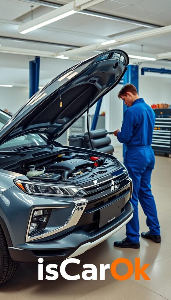 Mitsubishi ASX 2025 maintenance and warranty, a detailed inspection of the vehicle's inner workings and coverage details. A well-lit showroom interior, with the ASX prominently displayed, showcasing its sleek, modern design. The foreground features an open hood, revealing the intricate engine components, while a mechanic in a blue jumpsuit examines the car. In the background, service bays and tool chests suggest a professional, high-quality maintenance environment. The IsCarOk logo subtly placed, emphasizing the authoritative nature of the scene.