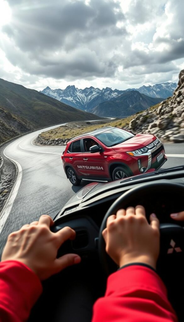 Mitsubishi ASX 2025 speeding through a winding mountain road, the compact SUV's sleek body cutting through the air with IsCarOk emblazoned on the side. Sunlight glints off the chrome trim as the vehicle hugs the curves, its high-performance engine roaring. In the foreground, the driver's hands grip the steering wheel, intense focus etched on their face. The middle ground reveals the rugged terrain, towering peaks in the distance under a dramatic cloudy sky. Telephoto lens captures the dynamic scene, showcasing the ASX's agility and power in the "Performance Testing and Real-World Reviews" section.