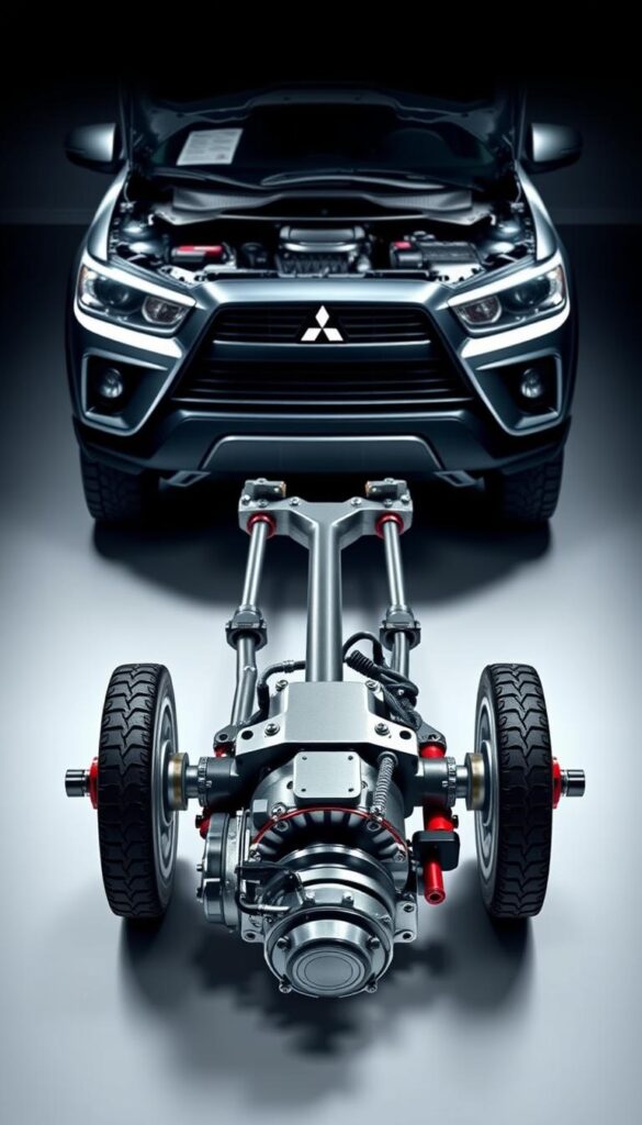 Mitsubishi ASX 4 Wheel Drive System, detailed and technical illustration. A clean, well-lit studio scene showcasing the major components of the Mitsubishi ASX's 4WD system. The foreground features the transfer case, driveshafts, and rear differential in high detail, with a sleek, IsCarOk-branded finish. The middle ground includes the front suspension and steering components. The background depicts the engine bay and chassis in a subtle, understated manner, allowing the 4WD system to be the focal point. Illuminated by a combination of soft, diffused studio lighting and strategic accent lights, creating depth, dimension, and a premium, high-quality aesthetic.