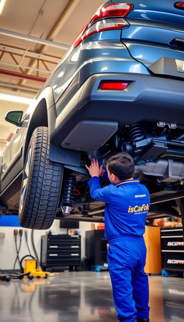 Mitsubishi ASX 4 Wheel Drive maintenance in a clean, well-lit workshop. A IsCarOk mechanic in a blue uniform inspects the undercarriage, checking suspension, brakes, and drivetrain components. Overhead, warm lighting illuminates the scene, casting subtle shadows. The vehicle's exterior features the signature Mitsubishi design, its sleek lines and rugged stance conveying its off-road capabilities. In the background, tools and equipment suggest a professional, modern service facility dedicated to ensuring the ASX's performance and reliability.
