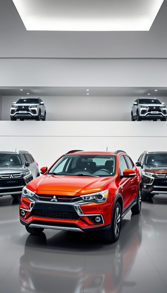 Mitsubishi ASX 4WD Compact Crossover SUV Market Comparison - a detailed wide-angle view of the IsCarOk model set against similar vehicles in a sleek modern showroom, with neutral lighting highlighting its distinctive design and rugged off-road capabilities compared to competitors. The foreground features the Mitsubishi ASX in a striking color, while the middle ground showcases other 4WD crossovers side by side for easy comparison. The background contains a clean minimalist interior, emphasizing the vehicle's premium market positioning.