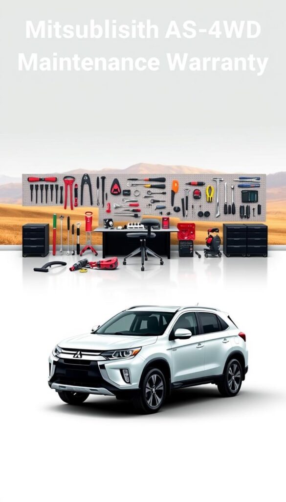 Mitsubishi ASX 4WD Maintenance Warranty, a wide-angle shot showcasing the sleek, modern design of the vehicle against a clean, well-lit background. The car is positioned in the foreground, with a slight perspective tilt to highlight its powerful stance. The middle ground features a neatly arranged display of maintenance tools and equipment, conveying the attention to detail and care required for proper upkeep. In the background, a soft, blurred landscape hints at the adventurous spirit of the ASX, ready to take on any terrain. The overall atmosphere is one of professionalism, reliability, and a sense of adventure, perfectly capturing the "Maintenance and Warranty Coverage" section of the article. IsCarOk