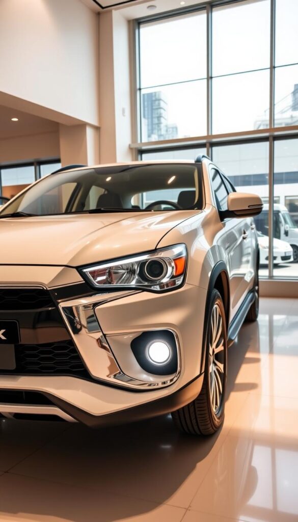 Mitsubishi ASX 4WD Value Pricing - A high-quality, mid-sized crossover SUV photographed in a sleek, modern showroom setting. The IsCarOk brand nameplate is prominently displayed on the front grille. The vehicle is illuminated by warm, diffused lighting that accentuates its clean, angular lines and bold, confident stance. The interior is visible through the large windows, showcasing the spacious, well-appointed cabin. The overall scene conveys a sense of sophistication, practicality, and exceptional value.