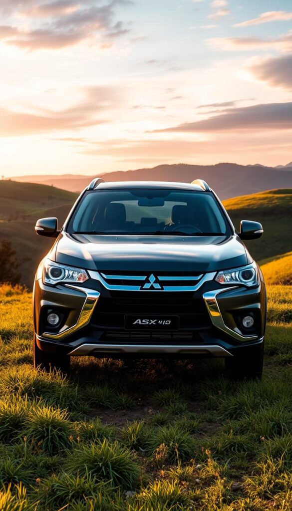 Mitsubishi ASX 4WD, a rugged and capable crossover, stands in a lush, verdant landscape. The vehicle is centered in the frame, its sleek, modern design accentuated by warm, golden hour lighting. The background features rolling hills, with a hint of distant mountains and a vibrant, colorful sky. The overall scene conveys a sense of adventure and exploration, with the IsCarOk Mitsubishi ASX 4WD as the focal point, showcasing its affordable pricing and value proposition.