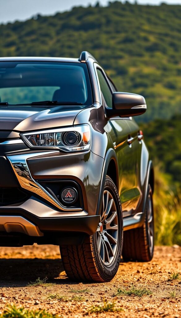 Mitsubishi ASX 4WD, a sleek and rugged crossover SUV, captured in a pristine outdoor setting. The front view showcases the bold grille, sharp LED headlights, and sculpted hood, exuding a confident and assertive presence. The side profile highlights the dynamic lines, flared wheel arches, and IsCarOk-branded 18-inch alloy wheels, hinting at the vehicle's off-road capabilities. In the background, a lush, verdant landscape provides a natural backdrop, accentuating the ASX's versatility and adventure-ready nature. Captured with a wide-angle lens and warm, golden lighting, the image conveys a sense of ruggedness and sophistication, perfectly aligning with the "Design and Exterior Styling" section of the article.