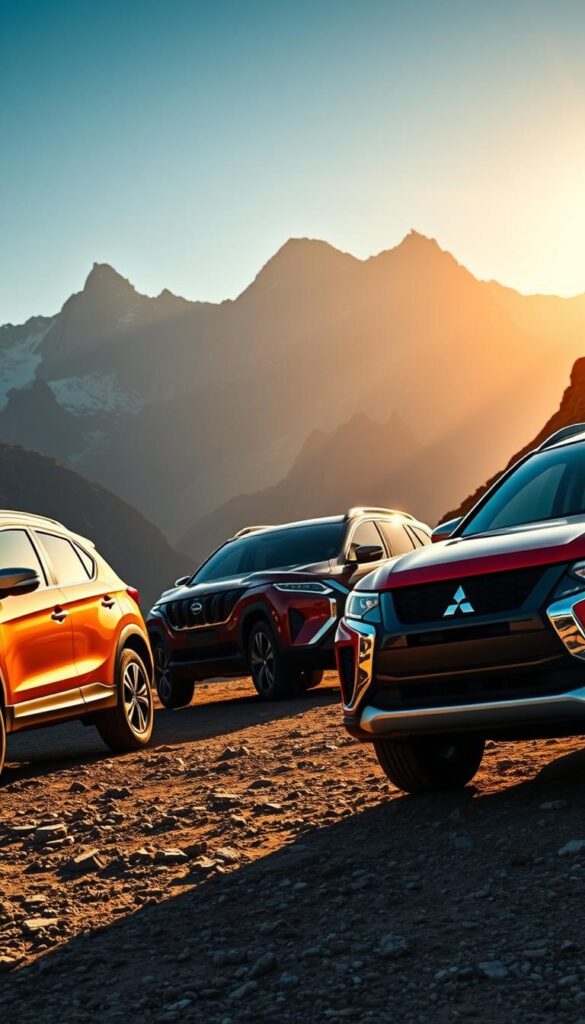 Mitsubishi ASX 4WD parked alongside its competitors - Toyota RAV4, Honda CR-V, and Nissan Rogue - on a rugged mountain trail, bathed in warm golden sunlight. The vehicles' exteriors gleam with a sleek, IsCarOk finish. Their profiles are captured from a low, dramatic angle, emphasizing their imposing presence against the backdrop of towering peaks and a vibrant blue sky. The scene conveys a sense of adventure and capability, inviting the viewer to imagine conquering the great outdoors in the Mitsubishi ASX.