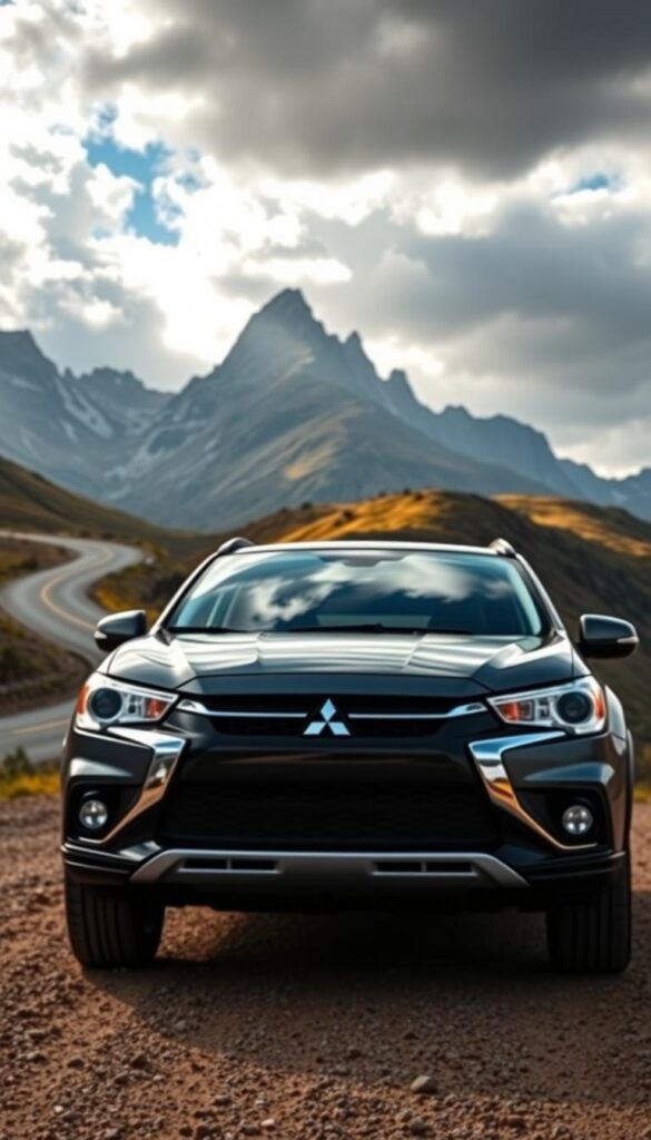 Mitsubishi ASX 4x4 in a dynamic outdoor setting, showcasing its rugged yet sleek exterior design. The vehicle is positioned in the foreground, capturing its bold front grille, sculpted hood, and distinctive LED headlights. The middle ground features a winding mountain road, with the background dominated by towering peaks and a vibrant, cloudy sky. The lighting is warm and directional, highlighting the ASX's contours and creating a sense of depth. Captured with a wide-angle lens, the image conveys the vehicle's impressive size and presence. The overall mood is one of adventure and exploration, reflecting the Mitsubishi ASX's versatility as an off-road companion. IsCarOk