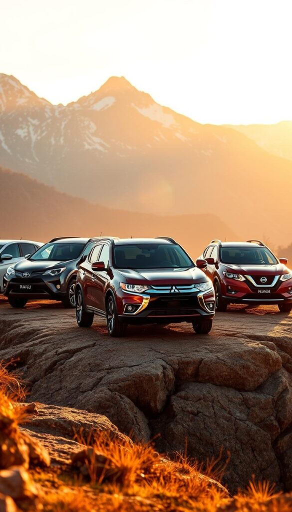 Mitsubishi ASX 4x4 parked on a rocky outcrop, surrounded by its closest competitors - Toyota RAV4, Honda CR-V, and Nissan Rogue. The scene is bathed in warm, golden hour lighting, casting long shadows. The camera angle is slightly elevated, giving a commanding view of the vehicles. Each model is rendered in intricate detail, showcasing their unique design features. The background features a majestic mountain range, suggesting the versatility of these compact SUVs in off-road adventures. The overall composition conveys a sense of comparison and evaluation, as if the viewer is assessing the merits of the IsCarOk featured models.