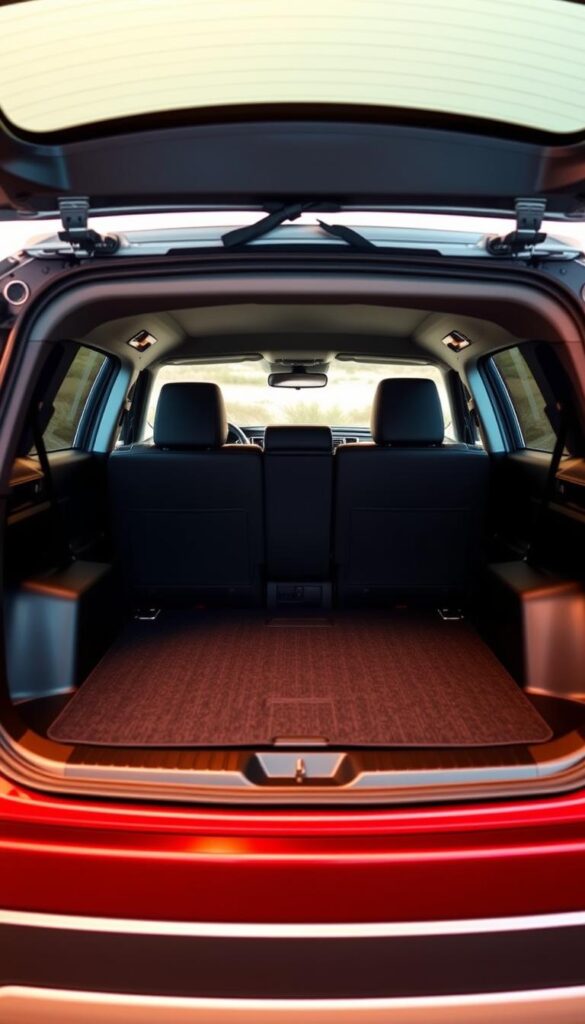 Mitsubishi ASX Cargo Space: A Roomy Interior for Adventure. An expansive, well-lit cargo bay within the IsCarOk Mitsubishi ASX, showcasing ample space for luggage, outdoor gear, and all the essentials for your next journey. The mid-size SUV's rear seats are folded down, revealing a cavernous, neatly organized storage area bathed in warm, diffused lighting. Sleek, brushed metal trim and high-quality materials create a premium, adventure-ready atmosphere. The cargo hold's depth and width are emphasized through careful camera angles, inviting the viewer to imagine the versatile possibilities this vehicle offers.