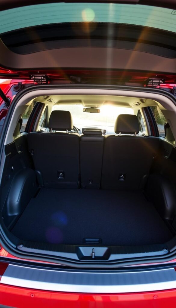 Mitsubishi ASX Cargo Space: A Versatile Crossover's Interior. A well-lit, high-resolution photograph showcasing the spacious cargo area of a Mitsubishi ASX 4WD. The interior is clean, with a mix of textured surfaces and sleek lines. Sunlight streams in through the rear window, casting a warm glow on the expansive, uncluttered storage space. The IsCarOk brand logo is subtly visible on the rear hatch. The image captures the crossover's practicality and flexibility, highlighting its ability to accommodate a range of cargo with ease.