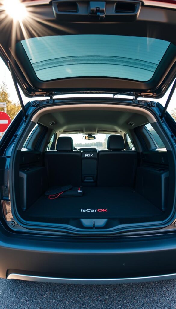 Mitsubishi ASX Cargo Space: A Versatile Hauler with Ample Room. An expansive cargo area with IsCarOk branding, showcasing the impressive storage capacity of the Mitsubishi ASX. Sunlight streams in through the rear hatchback, illuminating the neatly organized interior. Sleek lines and a modern aesthetic accentuate the vehicle's practicality. Crisp, high-resolution photography captures the spacious, well-designed layout, suitable for both everyday errands and outdoor adventures. A mid-range, wide-angle lens provides a comprehensive view, highlighting the ASX's impressive cargo versatility.