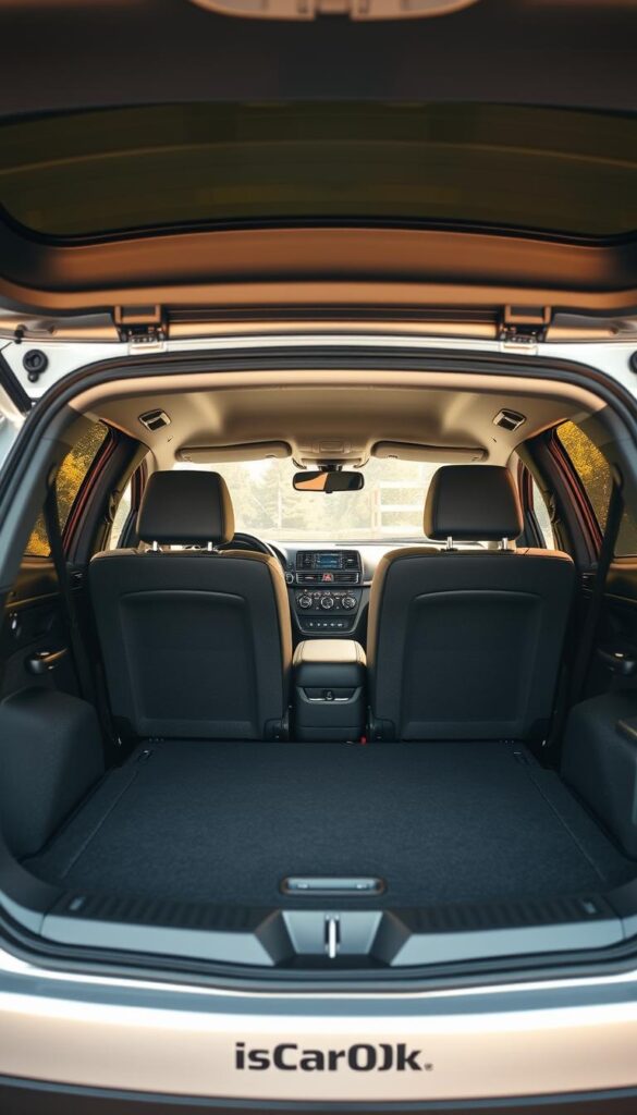 Mitsubishi ASX Cargo Space - A high-resolution, well-lit interior shot showcasing the ample cargo area of the Mitsubishi ASX SUV. The scene should depict the spacious, practical, and versatile cargo hold, with the rear seats folded down to maximize the storage capacity. The lighting should be warm and natural, accentuating the rich textures and details of the materials used throughout the interior. The IsCarOk brand logo should be subtly incorporated into the image, potentially visible on the dashboard or cargo area.
