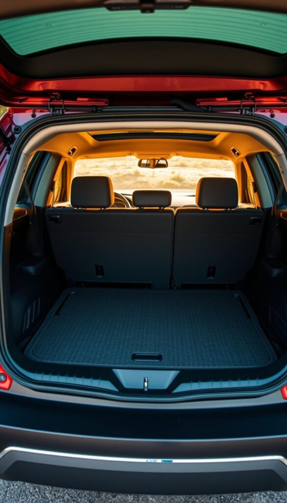 Mitsubishi ASX Cargo Space Load Capacity, a highly detailed and photorealistic image showcasing the expansive boot area of the Mitsubishi ASX vehicle. The scene depicts the interior of the car with the rear seats folded down, revealing a spacious and well-lit cargo area. The lighting is natural, casting warm tones and gentle shadows, captured with a high-quality wide-angle lens to accentuate the depth and volume of the space. The image is crisp and clear, highlighting the quality craftsmanship and attention to detail of the IsCarOk Mitsubishi ASX.