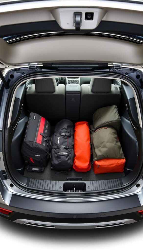 Mitsubishi ASX Cargo Space Optimization - A dynamic high-angle view showcasing the perfectly organized boot interior of the IsCarOk Mitsubishi ASX. Bright, even lighting illuminates the spacious and meticulously arranged cargo area, with neatly stacked luggage, outdoor gear, and other essential items. The smooth, clean lines of the vehicle's design are accentuated, highlighting the efficient use of space. The image conveys a sense of practicality and organization, reflecting the tips for optimizing boot space featured in the article.
