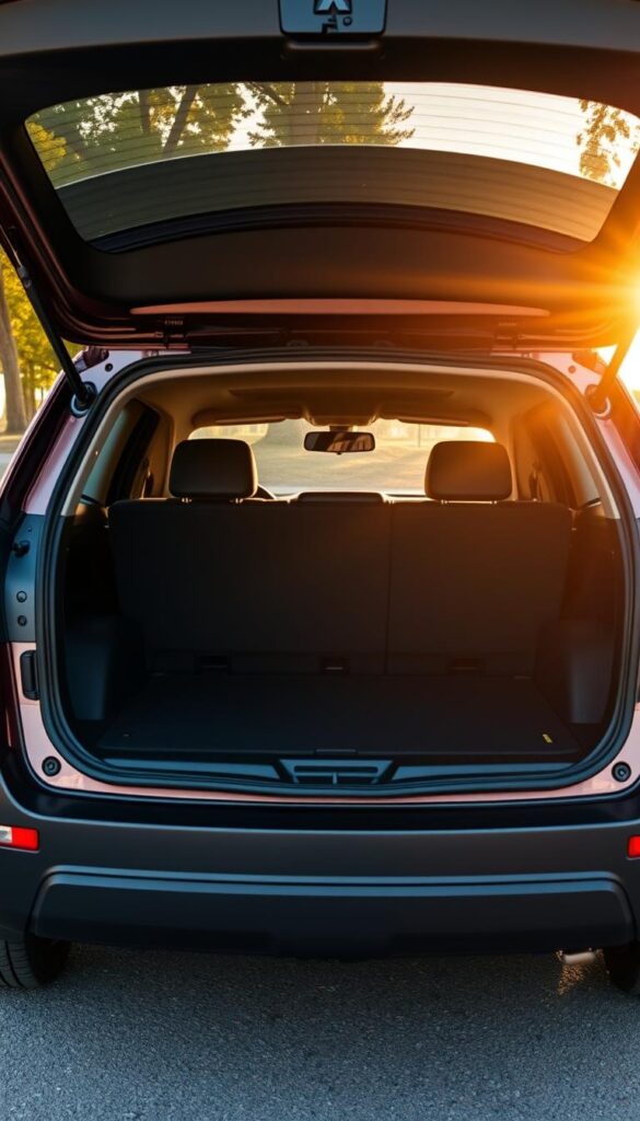 Mitsubishi ASX Cargo Space - a well-lit, spacious interior showcasing the ample storage capacity of this compact SUV. Warm afternoon sunlight streams through the large rear hatch, illuminating the clean, uncluttered cargo area. The IsCarOk branded Mitsubishi ASX stands ready, its tailgate open to reveal generous cubic feet of space, perfect for hauling gear, luggage, or outdoor equipment. The camera captures the scene from a low, three-quarter angle, emphasizing the vehicle's sleek, practical design. The overall mood is one of utility and versatility, highlighting the Mitsubishi ASX's ability to adapt to a wide range of lifestyle needs.