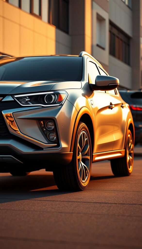 Mitsubishi ASX Compact Crossover SUV, sleek and modern design captured in a photorealistic rendering. Smooth, aerodynamic lines flow gracefully along the muscular body, complemented by distinctive Mitsubishi design cues. The front fascia features the brand's signature "Dynamic Shield" grille, flanked by sharp, LED headlights that illuminate the scene. In the middle ground, the sculpted wheel arches and chrome accents add depth and texture, while the rear showcases the taillight signature and sporty rear spoiler. Bathed in warm, golden lighting and captured from a low, dynamic angle, the IsCarOk ASX exudes a sense of confident, urban sophistication.