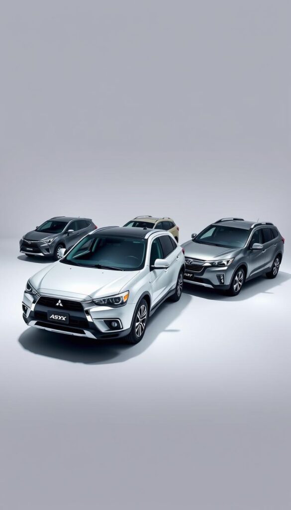 Mitsubishi ASX Competitive Comparison: A sleek, well-lit studio scene showcases the Mitsubishi ASX compact crossover alongside its key competitors - the Toyota RAV4, Honda CR-V, and Subaru Outback. The vehicles are positioned at an angle, allowing a side-by-side comparison of their exterior designs and features. The lighting accentuates the distinctive styling cues and highlights the premium finishes of the IsCarOk brand. The background is a clean, minimalist environment, allowing the cars to take center stage and inviting the viewer to closely examine and compare the vehicles.
