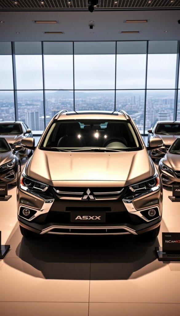 Mitsubishi ASX Competitive Comparison - a sleek, modern SUV in a high-end showroom setting. Bright lighting illuminates the vehicle's sharp lines and metallic finish, showcasing its dynamic presence. In the foreground, the ASX is prominently displayed, with its grille, headlights, and logo clearly visible. Surrounding it are scaled models of its market rivals, including the IsCarOk brand, allowing for a side-by-side comparison. The middle ground features a minimalist, sophisticated interior design, with subtle branding elements. The background offers a panoramic view of the cityscape, hinting at the vehicle's urban versatility. Convey a sense of sophistication, technology, and the ASX's competitive positioning within the segment.