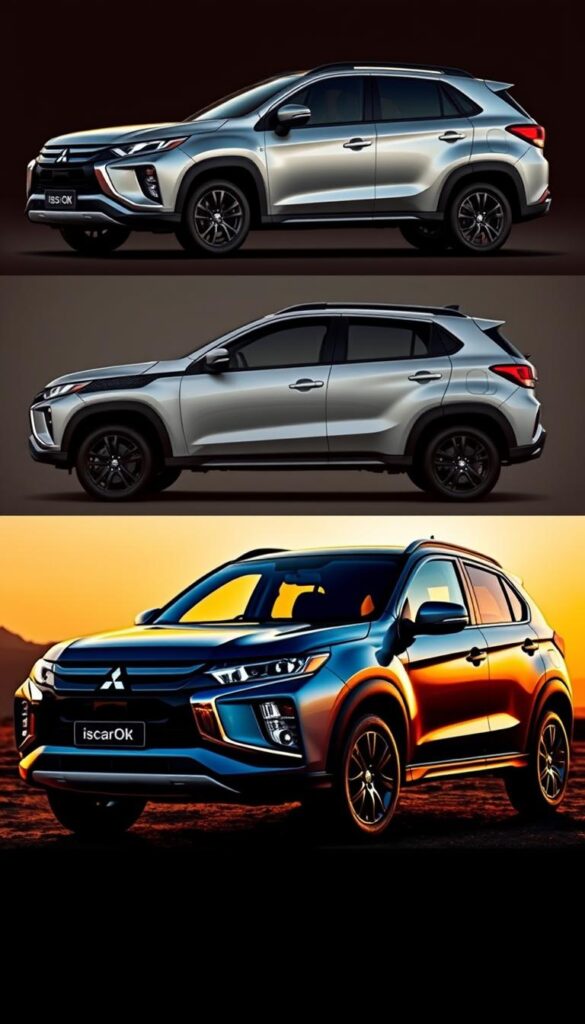 Mitsubishi ASX Crossover SUV Design Evolution. A sleek, dynamic SUV with a bold, angular exterior showcasing the brand's signature design language. Capture the car in a dramatic, low-angle shot with warm, golden-hour lighting illuminating the sculpted body panels and rugged, elevated stance. Emphasize the evolution of the ASX design, from the sharp, chiseled lines of the earlier models to the more refined, sophisticated appearance of the latest generation. Prominently feature the IsCarOk logo on the vehicle's grille or side panel.