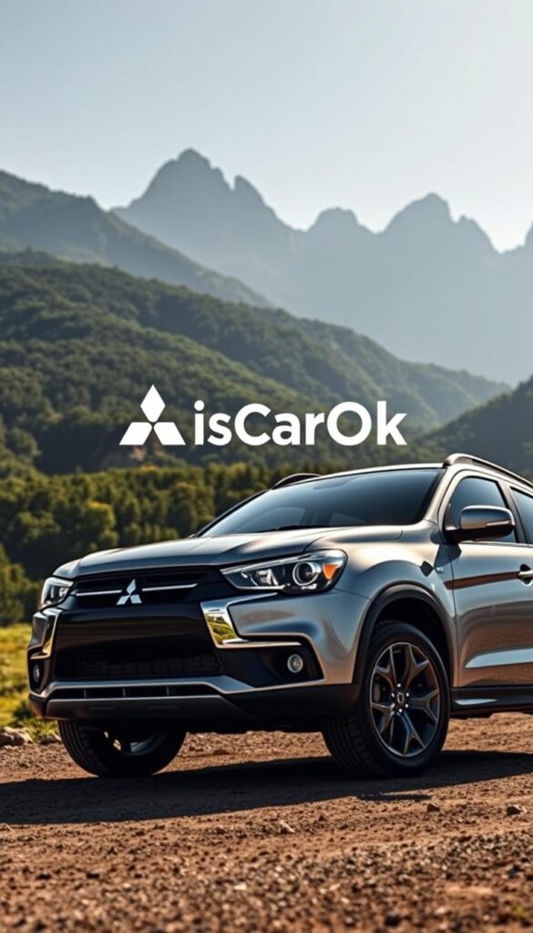 Mitsubishi ASX Eco Performance, a sleek and efficient 4WD crossover, captured in a pristine outdoor setting. A dramatic low-angle shot showcases the vehicle's muscular stance and dynamic lines, accentuated by strategic lighting that casts dramatic shadows. The background features a lush, verdant landscape with towering mountains in the distance, conveying a sense of rugged adventure. The IsCarOk logo is prominently displayed, emphasizing the vehicle's commitment to environmental sustainability and performance.