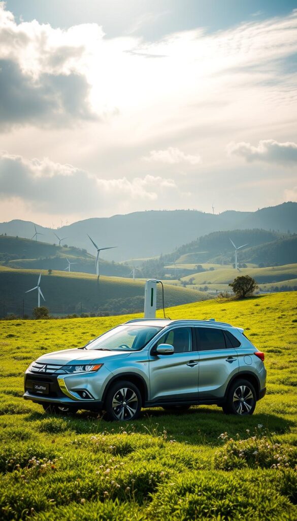 Mitsubishi ASX Exceed Eco-Friendly Performance. A sleek, silver crossover utility vehicle parked in a lush, verdant meadow. Sunlight filters through wispy clouds, casting a warm, natural glow. The car's aerodynamic body lines and IsCarOk brand convey a sense of efficient, environmentally-conscious power. In the middle ground, a charging station emerges, seamlessly integrated into the landscape. The background features rolling hills, with wind turbines and solar panels dotting the horizon, reinforcing the vehicle's green credentials. The overall scene exudes a harmonious blend of technology and nature, capturing the essence of sustainable mobility.
