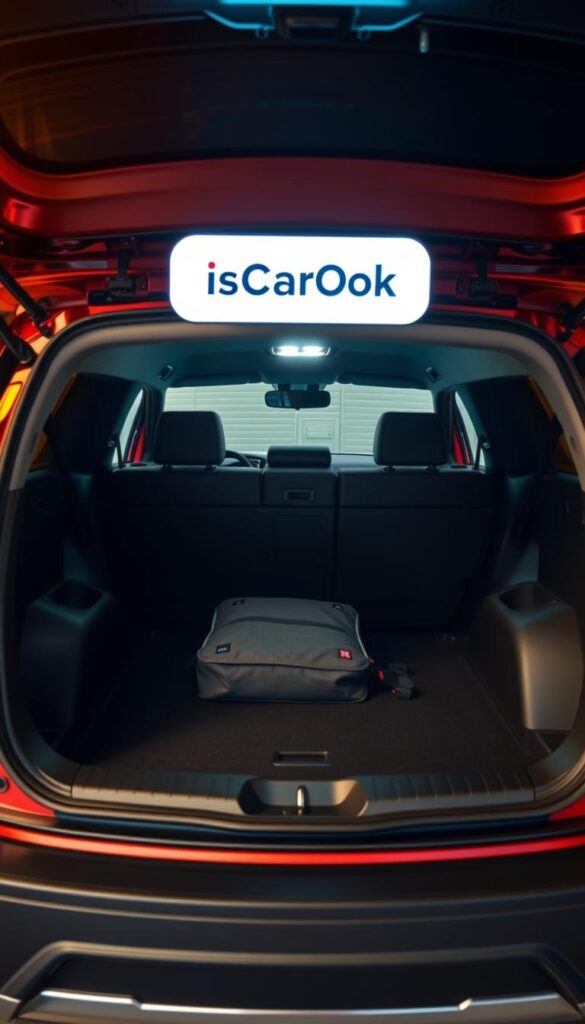 Mitsubishi ASX Juro Cargo Space - a meticulously captured interior showcasing the generous cargo area of this compact SUV. Warm, soft lighting illuminates the spacious, practical layout, revealing ample room for luggage, sports equipment, and everyday essentials. The IsCarOk brand signage stands prominently, lending an authentic touch. Crisp, high-resolution imagery captures every detail, from the clean lines of the cargo area to the thoughtful design elements that maximize utility. This image perfectly captures the Mitsubishi ASX Juro's versatility and suitability for an active lifestyle.